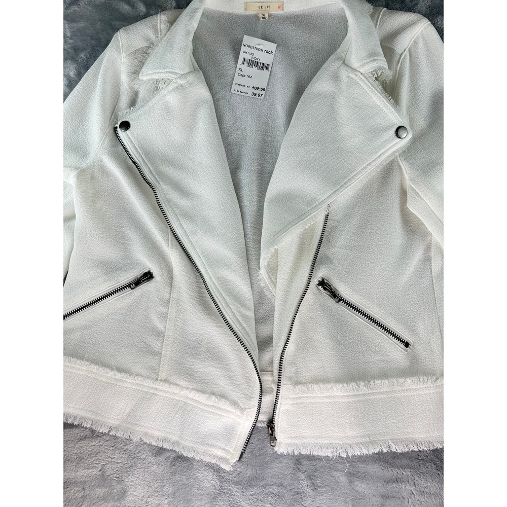 Le Lis Moto Jacket XL Ivory Textured Frayed Trim Zip Front Lightweight Layering - Picture 5 of 10